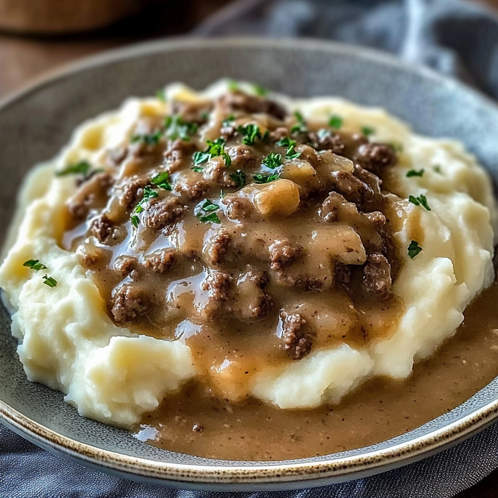 Recipe preparation for hamburger gravy over mashed potatoes