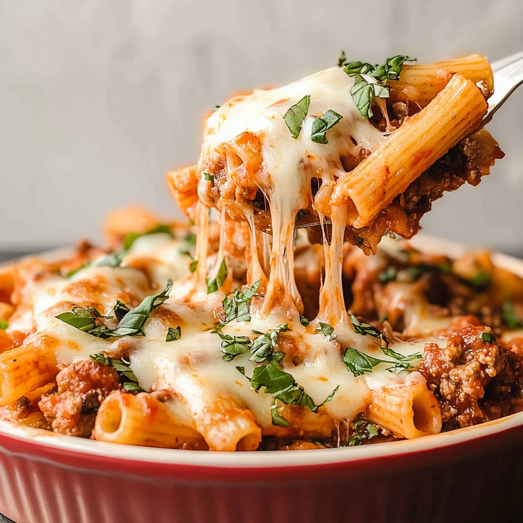 Recipe preparation for baked ziti with ground beef
