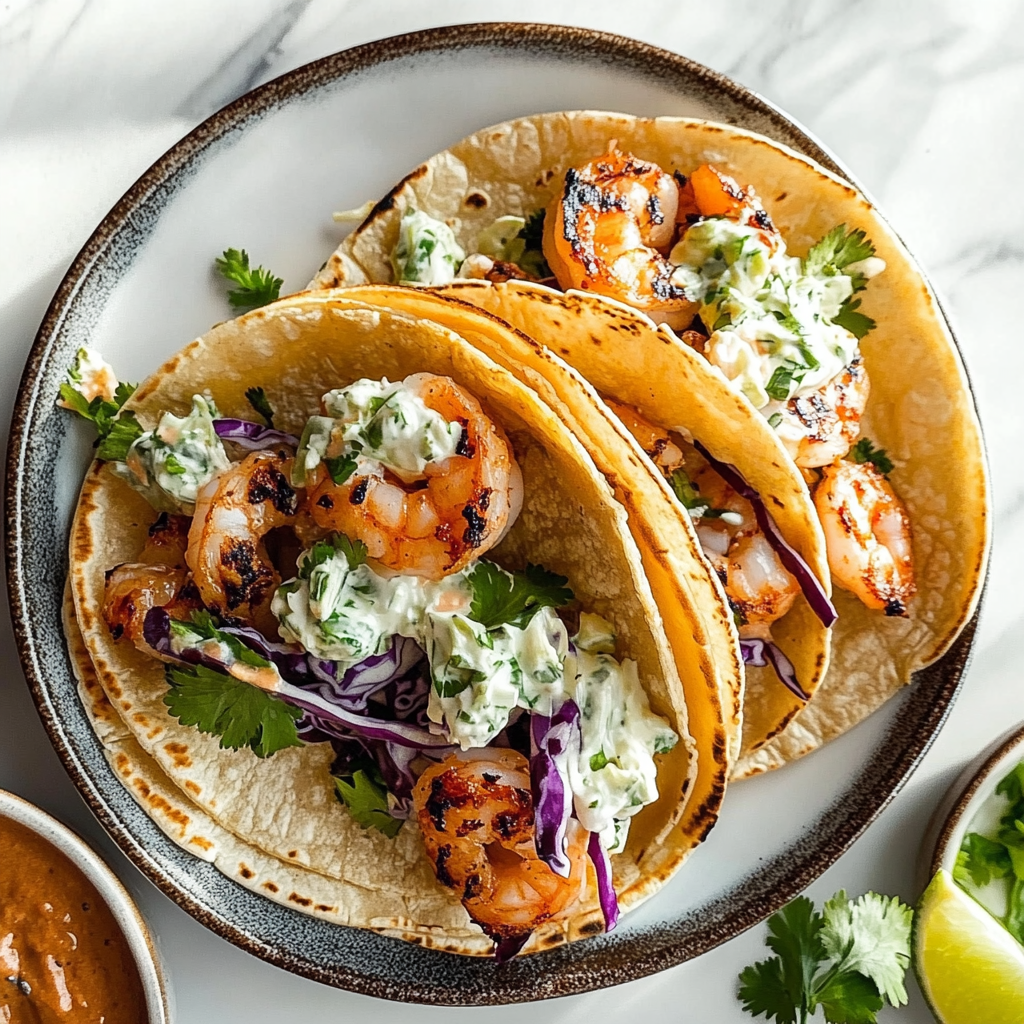 Recipe preparation for shrimp tacos with cabbage slaw
