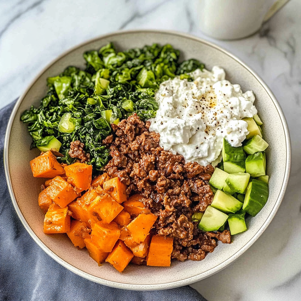 Recipe preparation for Hot Honey Cottage Cheese Sweet Potato Beef Bowl