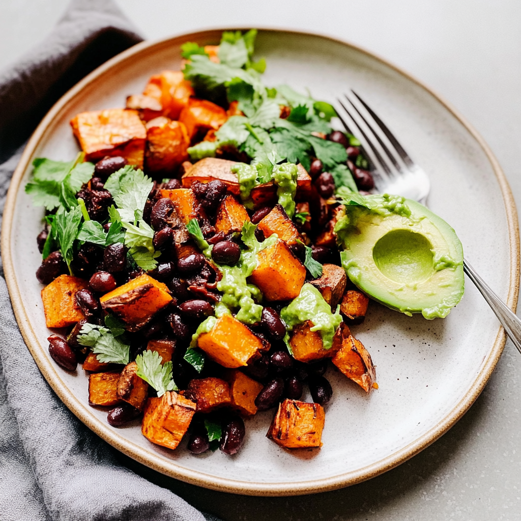 Recipe preparation for Baked Sweet Potato with Black Beans & Avocado