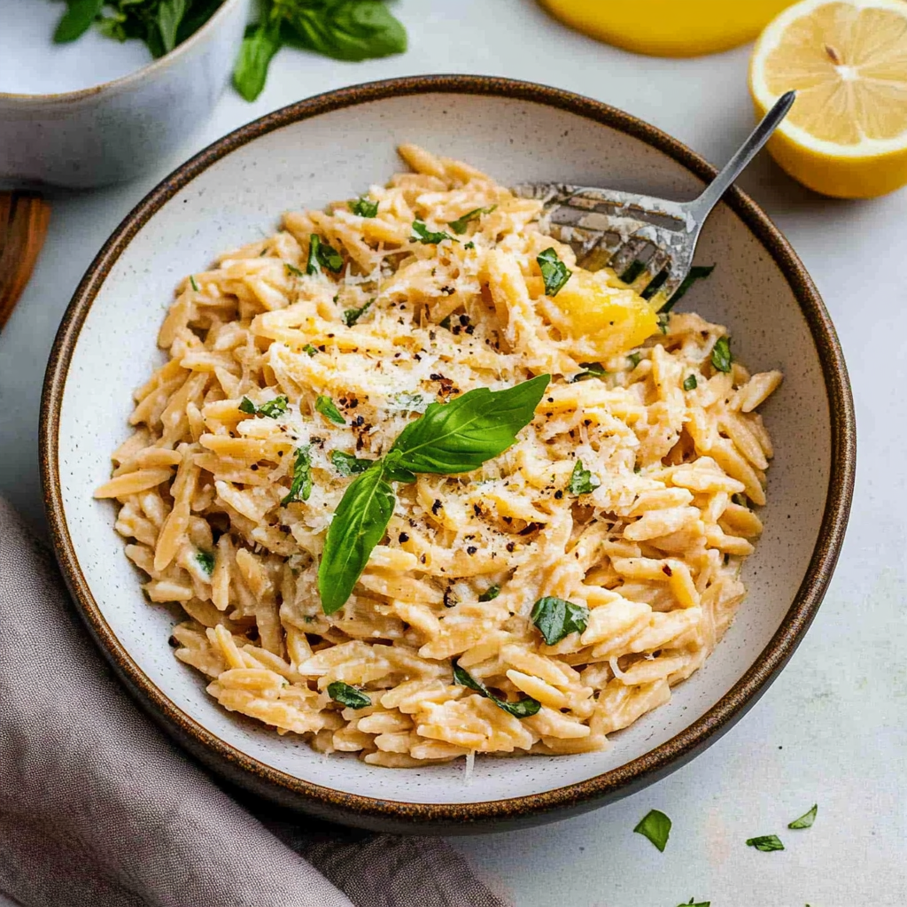 Recipe preparation for One-Pot Creamy Lemon Garlic Orzo recipes