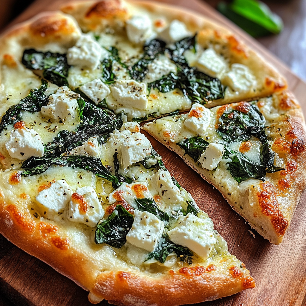 Recipe preparation for Greek Roasted Garlic Spinach White Pizza