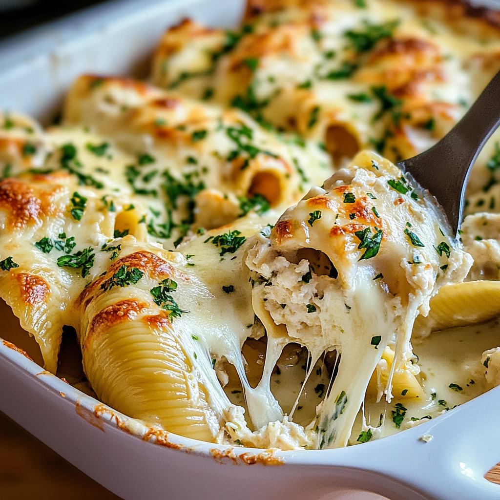 Recipe preparation for Cheesy Chicken Alfredo Stuffed Shells